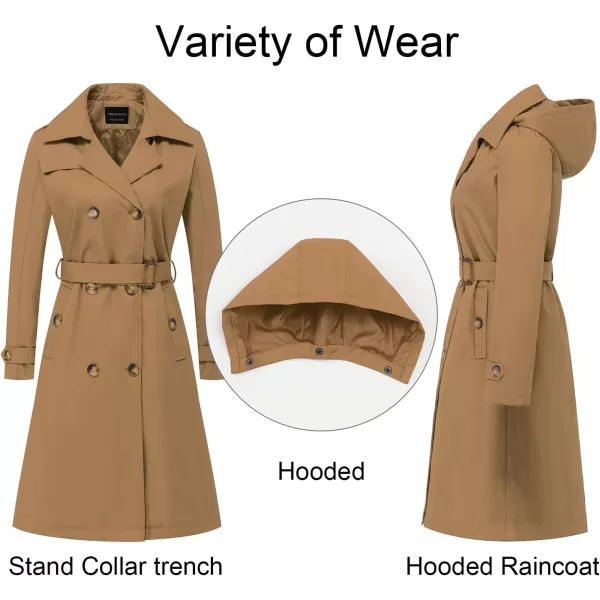 CREATMO US Womens Long Trench Coat DoubleBreasted Classic Lapel Overcoat Belted Slim Outerwear Coat with Detachable HoodCamel