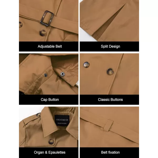 CREATMO US Womens Long Trench Coat DoubleBreasted Classic Lapel Overcoat Belted Slim Outerwear Coat with Detachable HoodCamel