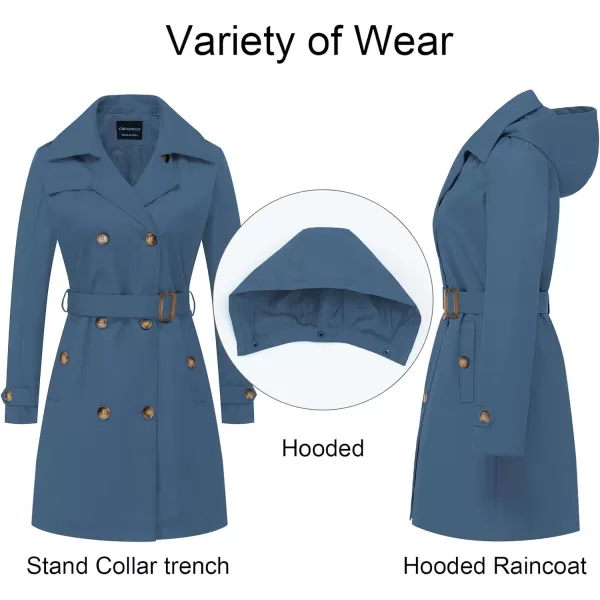 CREATMO US Womens Long Trench Coat DoubleBreasted Classic Lapel Overcoat Belted Slim Outerwear Coat with Detachable HoodDark Blue