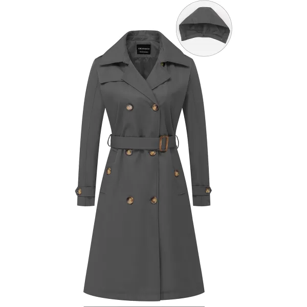 CREATMO US Womens Long Trench Coat DoubleBreasted Classic Lapel Overcoat Belted Slim Outerwear Coat with Detachable HoodGrey