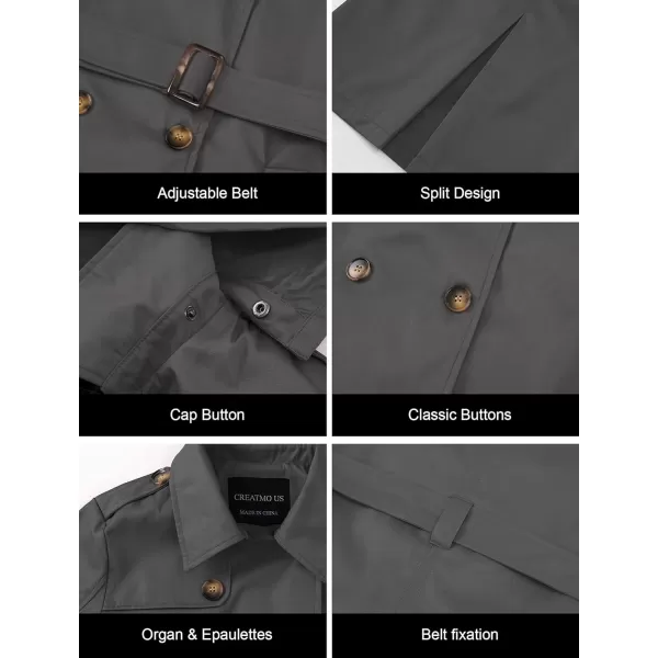 CREATMO US Womens Long Trench Coat DoubleBreasted Classic Lapel Overcoat Belted Slim Outerwear Coat with Detachable HoodGrey