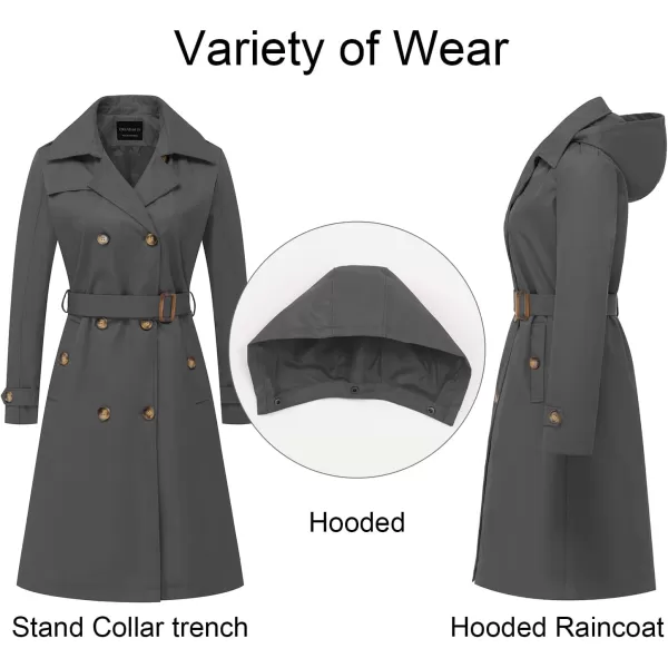 CREATMO US Womens Long Trench Coat DoubleBreasted Classic Lapel Overcoat Belted Slim Outerwear Coat with Detachable HoodGrey