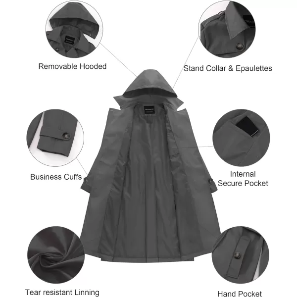 CREATMO US Womens Long Trench Coat DoubleBreasted Classic Lapel Overcoat Belted Slim Outerwear Coat with Detachable HoodGrey