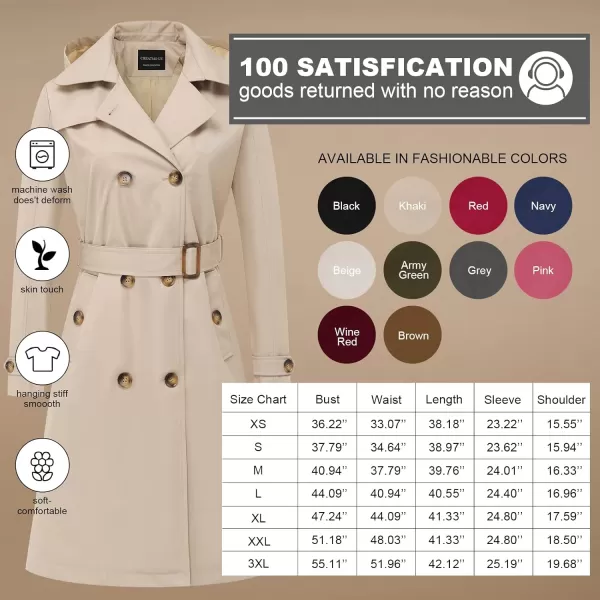 CREATMO US Womens Long Trench Coat DoubleBreasted Classic Lapel Overcoat Belted Slim Outerwear Coat with Detachable HoodKhaki
