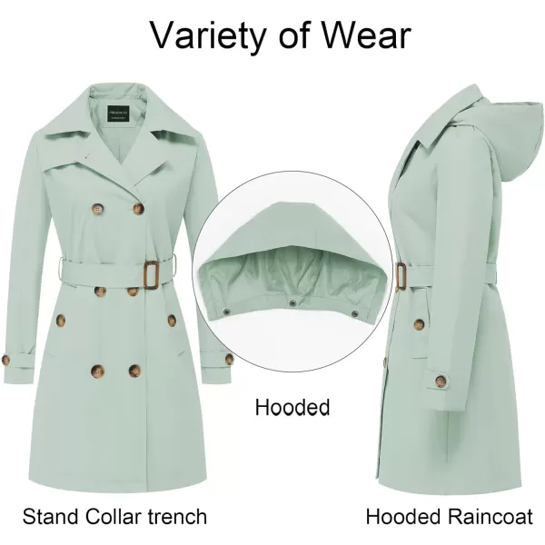 CREATMO US Womens Long Trench Coat DoubleBreasted Classic Lapel Overcoat Belted Slim Outerwear Coat with Detachable HoodLight Green
