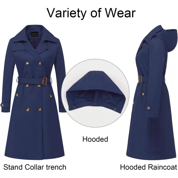 CREATMO US Womens Long Trench Coat DoubleBreasted Classic Lapel Overcoat Belted Slim Outerwear Coat with Detachable HoodNavy Blue