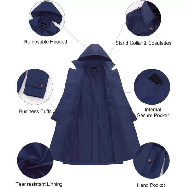 CREATMO US Womens Long Trench Coat DoubleBreasted Classic Lapel Overcoat Belted Slim Outerwear Coat with Detachable HoodNavy Blue