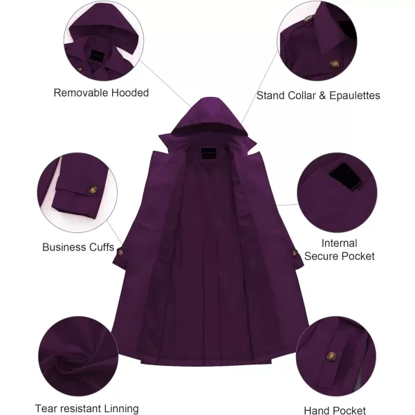CREATMO US Womens Long Trench Coat DoubleBreasted Classic Lapel Overcoat Belted Slim Outerwear Coat with Detachable HoodPurple