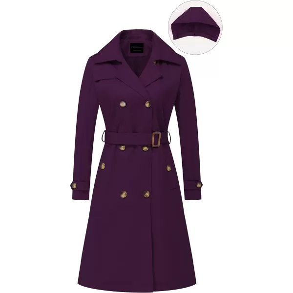 CREATMO US Womens Long Trench Coat DoubleBreasted Classic Lapel Overcoat Belted Slim Outerwear Coat with Detachable HoodPurple