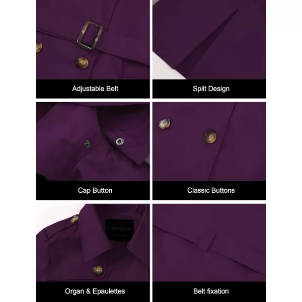 CREATMO US Womens Long Trench Coat DoubleBreasted Classic Lapel Overcoat Belted Slim Outerwear Coat with Detachable HoodPurple