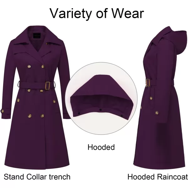CREATMO US Womens Long Trench Coat DoubleBreasted Classic Lapel Overcoat Belted Slim Outerwear Coat with Detachable HoodPurple