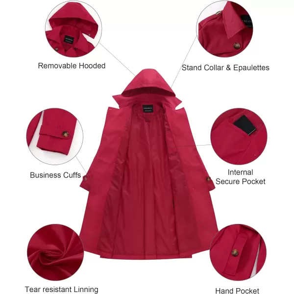 CREATMO US Womens Long Trench Coat DoubleBreasted Classic Lapel Overcoat Belted Slim Outerwear Coat with Detachable HoodRed
