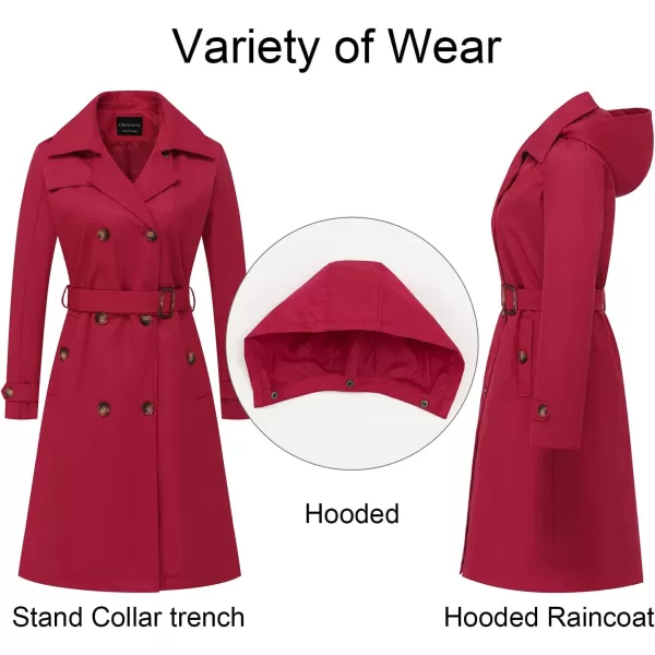 CREATMO US Womens Long Trench Coat DoubleBreasted Classic Lapel Overcoat Belted Slim Outerwear Coat with Detachable HoodRed
