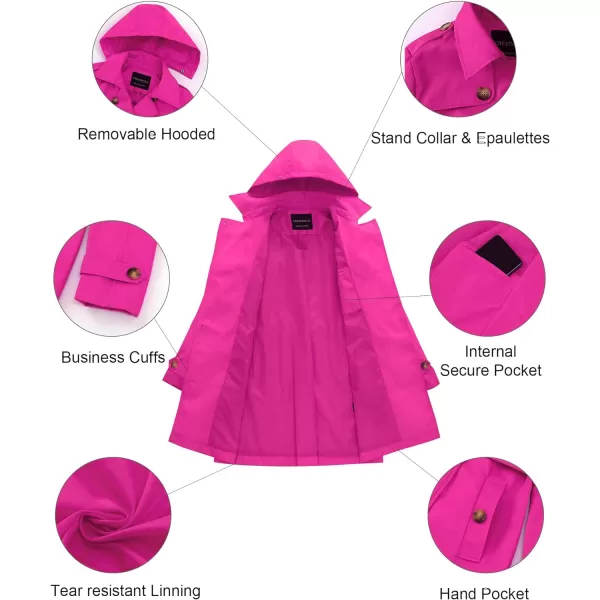 CREATMO US Womens Long Trench Coat DoubleBreasted Classic Lapel Overcoat Belted Slim Outerwear Coat with Detachable HoodRose Red