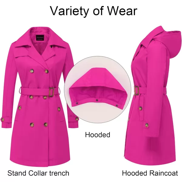 CREATMO US Womens Long Trench Coat DoubleBreasted Classic Lapel Overcoat Belted Slim Outerwear Coat with Detachable HoodRose Red