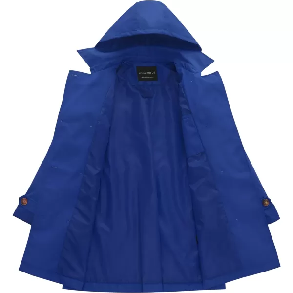 CREATMO US Womens Long Trench Coat DoubleBreasted Classic Lapel Overcoat Belted Slim Outerwear Coat with Detachable HoodRoyal Blue