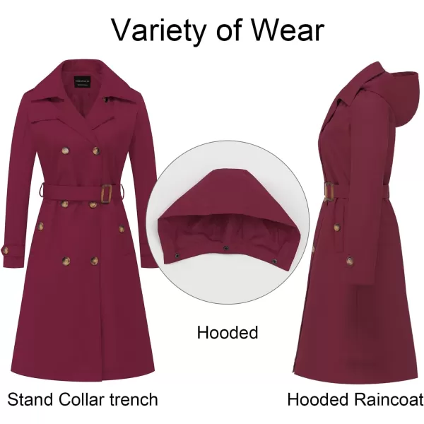CREATMO US Womens Long Trench Coat DoubleBreasted Classic Lapel Overcoat Belted Slim Outerwear Coat with Detachable HoodWine Red