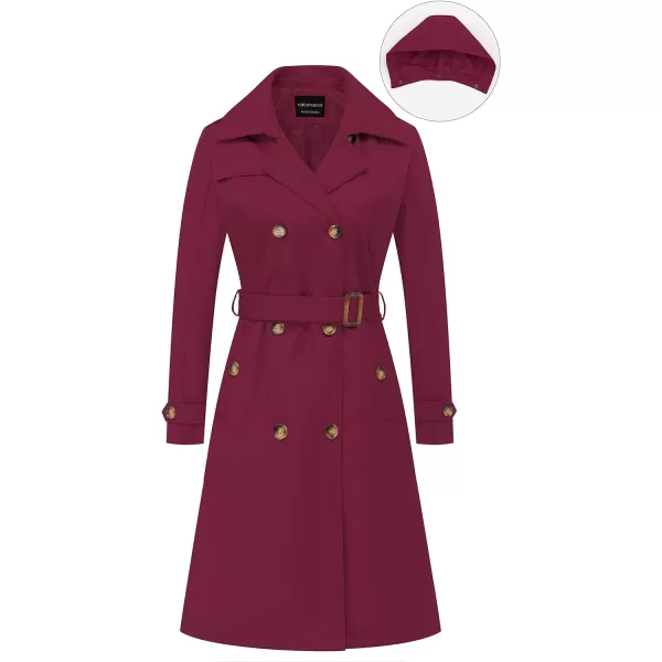 CREATMO US Womens Long Trench Coat DoubleBreasted Classic Lapel Overcoat Belted Slim Outerwear Coat with Detachable HoodWine Red