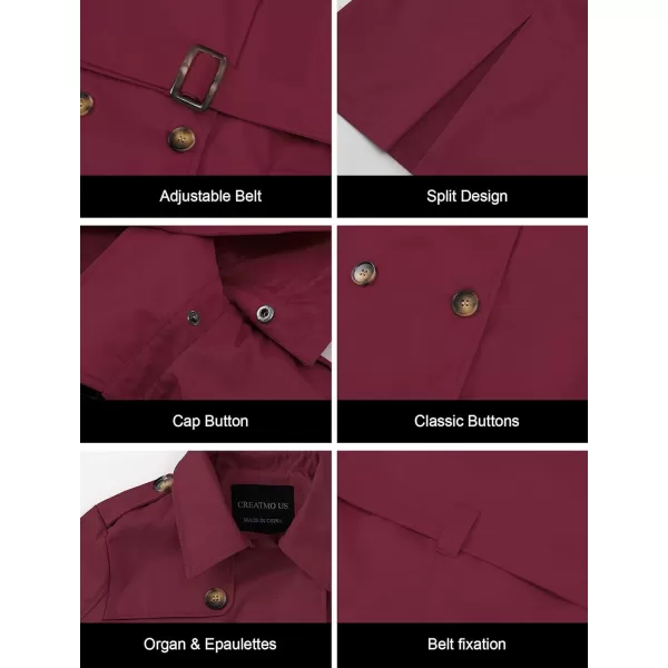 CREATMO US Womens Long Trench Coat DoubleBreasted Classic Lapel Overcoat Belted Slim Outerwear Coat with Detachable HoodWine Red