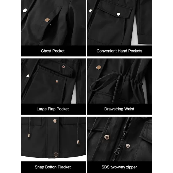 CREATMO US Womens Plus Size WaterResistant Trench Coat Long Windbreaker Military Jacket with Reflective Removable HoodBlack