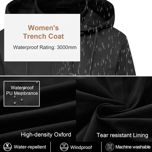 CREATMO US Womens Plus Size WaterResistant Trench Coat Long Windbreaker Military Jacket with Reflective Removable HoodBlack