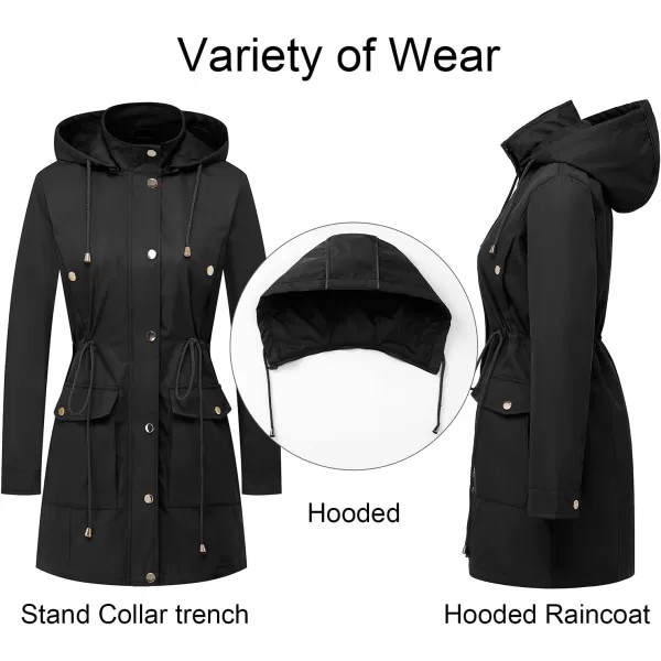 CREATMO US Womens Plus Size WaterResistant Trench Coat Long Windbreaker Military Jacket with Reflective Removable HoodBlack
