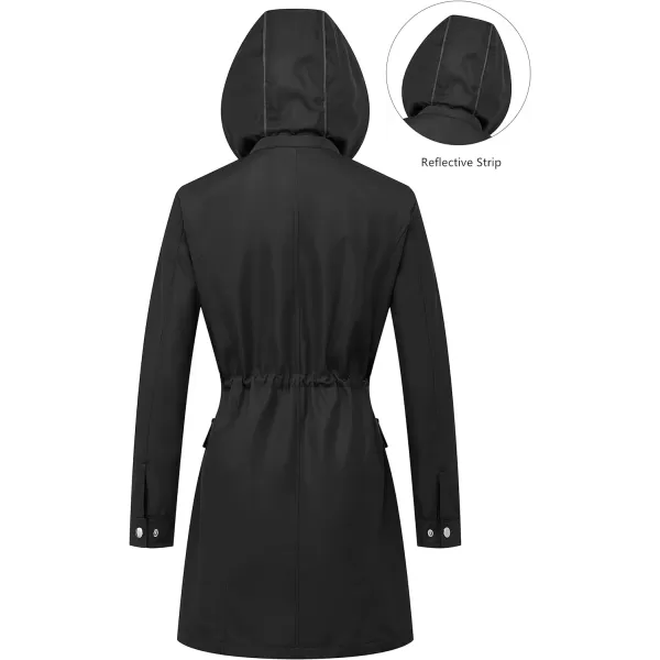 CREATMO US Womens Plus Size WaterResistant Trench Coat Long Windbreaker Military Jacket with Reflective Removable HoodBlack