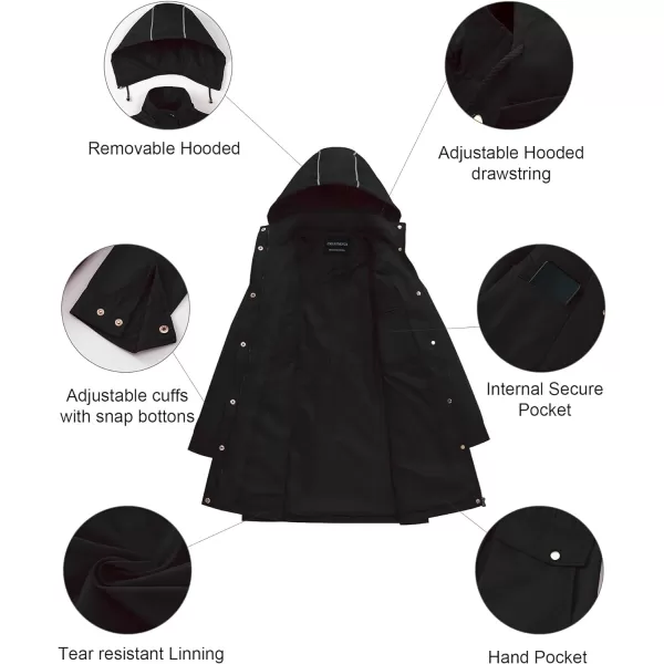 CREATMO US Womens Plus Size WaterResistant Trench Coat Long Windbreaker Military Jacket with Reflective Removable HoodBlack