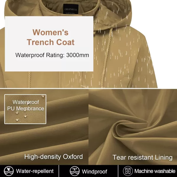 CREATMO US Womens Plus Size WaterResistant Trench Coat Long Windbreaker Military Jacket with Reflective Removable HoodCamel