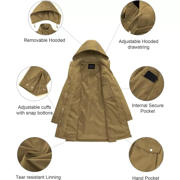 CREATMO US Womens Plus Size WaterResistant Trench Coat Long Windbreaker Military Jacket with Reflective Removable HoodCamel