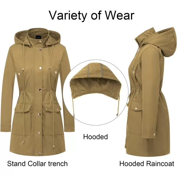 CREATMO US Womens Plus Size WaterResistant Trench Coat Long Windbreaker Military Jacket with Reflective Removable HoodCamel