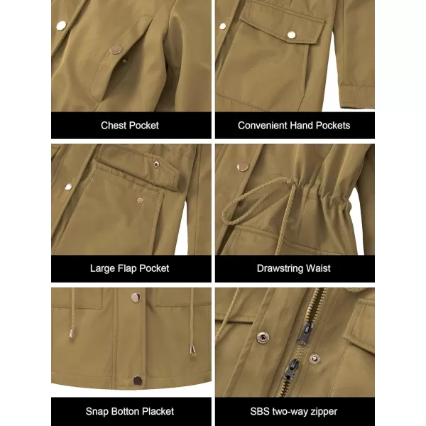 CREATMO US Womens Plus Size WaterResistant Trench Coat Long Windbreaker Military Jacket with Reflective Removable HoodCamel