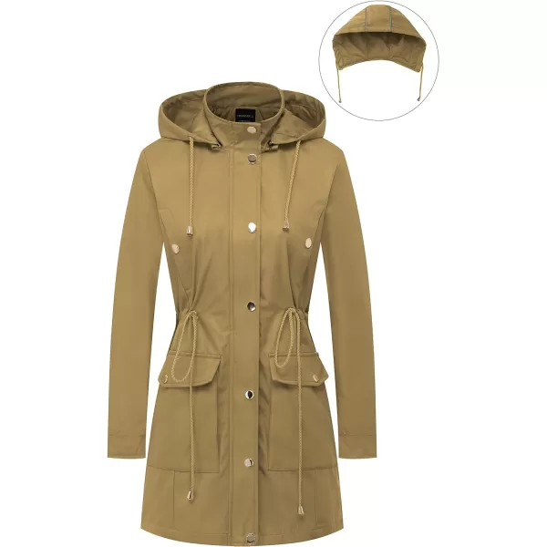 CREATMO US Womens Plus Size WaterResistant Trench Coat Long Windbreaker Military Jacket with Reflective Removable HoodCamel