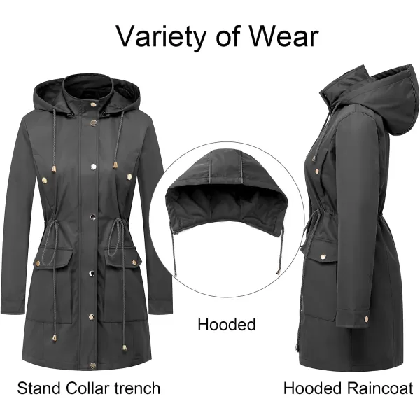 CREATMO US Womens Plus Size WaterResistant Trench Coat Long Windbreaker Military Jacket with Reflective Removable HoodGrey