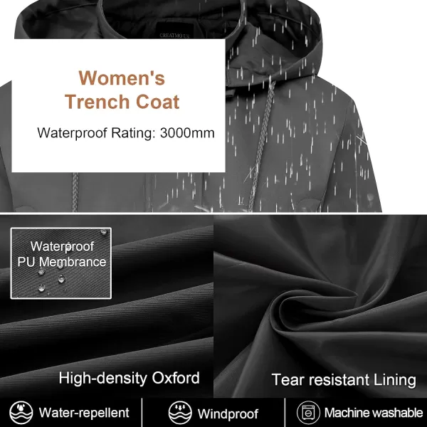 CREATMO US Womens Plus Size WaterResistant Trench Coat Long Windbreaker Military Jacket with Reflective Removable HoodGrey