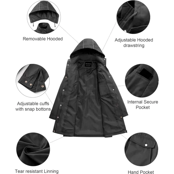 CREATMO US Womens Plus Size WaterResistant Trench Coat Long Windbreaker Military Jacket with Reflective Removable HoodGrey