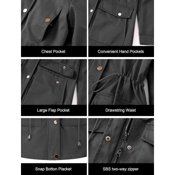 CREATMO US Womens Plus Size WaterResistant Trench Coat Long Windbreaker Military Jacket with Reflective Removable HoodGrey
