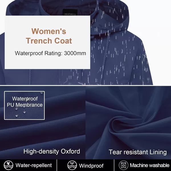 CREATMO US Womens Plus Size WaterResistant Trench Coat Long Windbreaker Military Jacket with Reflective Removable HoodNavy Blue
