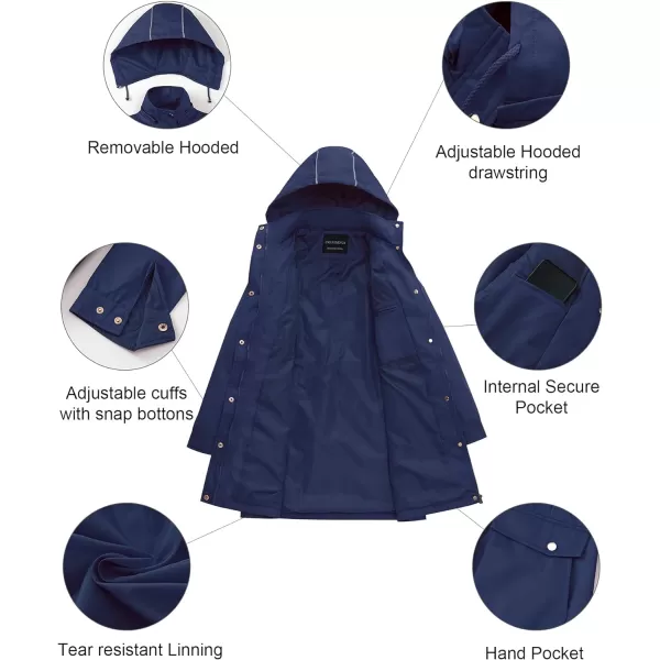 CREATMO US Womens Plus Size WaterResistant Trench Coat Long Windbreaker Military Jacket with Reflective Removable HoodNavy Blue