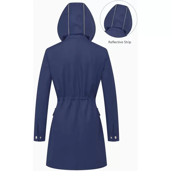 CREATMO US Womens Plus Size WaterResistant Trench Coat Long Windbreaker Military Jacket with Reflective Removable HoodNavy Blue