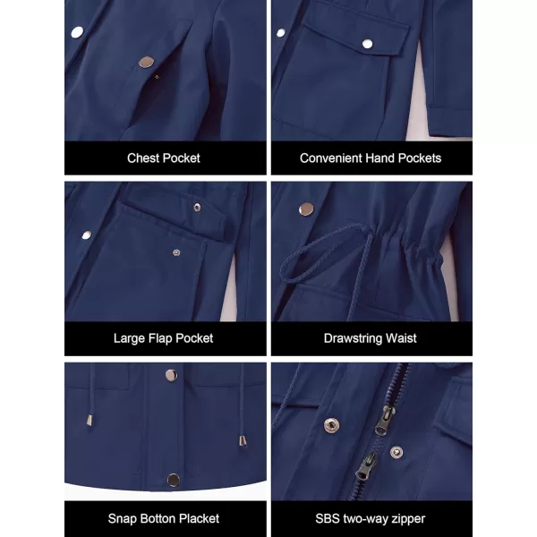 CREATMO US Womens Plus Size WaterResistant Trench Coat Long Windbreaker Military Jacket with Reflective Removable HoodNavy Blue