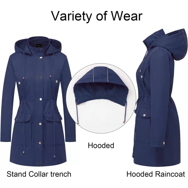 CREATMO US Womens Plus Size WaterResistant Trench Coat Long Windbreaker Military Jacket with Reflective Removable HoodNavy Blue