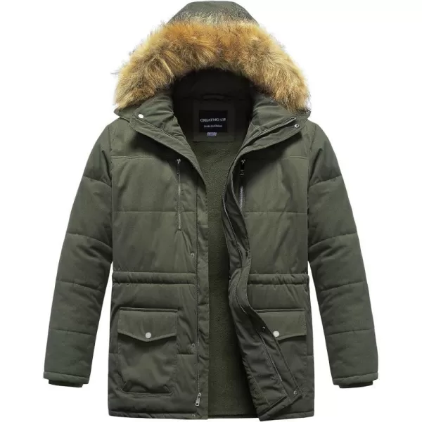 CREATMO US Mens Big and Tall Winter Coat Waterprpoof Long Puffer Jacket Thicken Parka with Removable Fur HoodedArmy Green