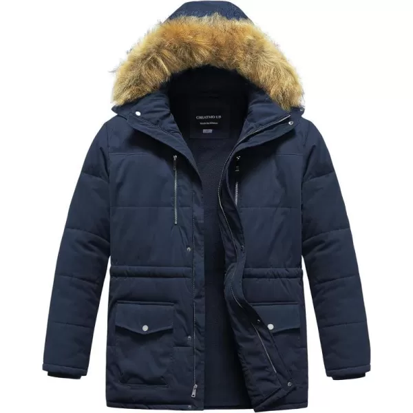 CREATMO US Mens Big and Tall Winter Coat Waterprpoof Long Puffer Jacket Thicken Parka with Removable Fur HoodedNavy Blue