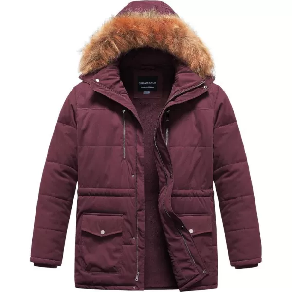 CREATMO US Mens Big and Tall Winter Coat Waterprpoof Long Puffer Jacket Thicken Parka with Removable Fur HoodedWine Red