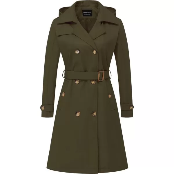 CREATMO US Womens Long Trench Coat DoubleBreasted Classic Lapel Overcoat Belted Slim Outerwear Coat with Detachable HoodArmy Green