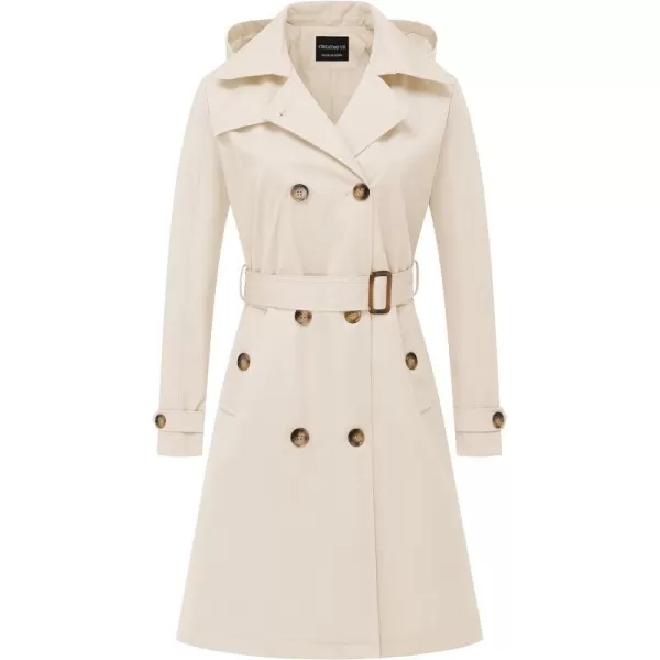 CREATMO US Womens Long Trench Coat DoubleBreasted Classic Lapel Overcoat Belted Slim Outerwear Coat with Detachable HoodBeige