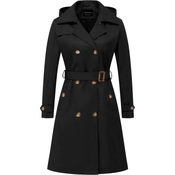 CREATMO US Womens Long Trench Coat DoubleBreasted Classic Lapel Overcoat Belted Slim Outerwear Coat with Detachable HoodBlack