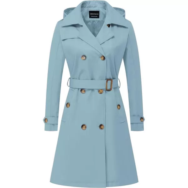 CREATMO US Womens Long Trench Coat DoubleBreasted Classic Lapel Overcoat Belted Slim Outerwear Coat with Detachable HoodBlue