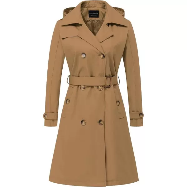 CREATMO US Womens Long Trench Coat DoubleBreasted Classic Lapel Overcoat Belted Slim Outerwear Coat with Detachable HoodCamel